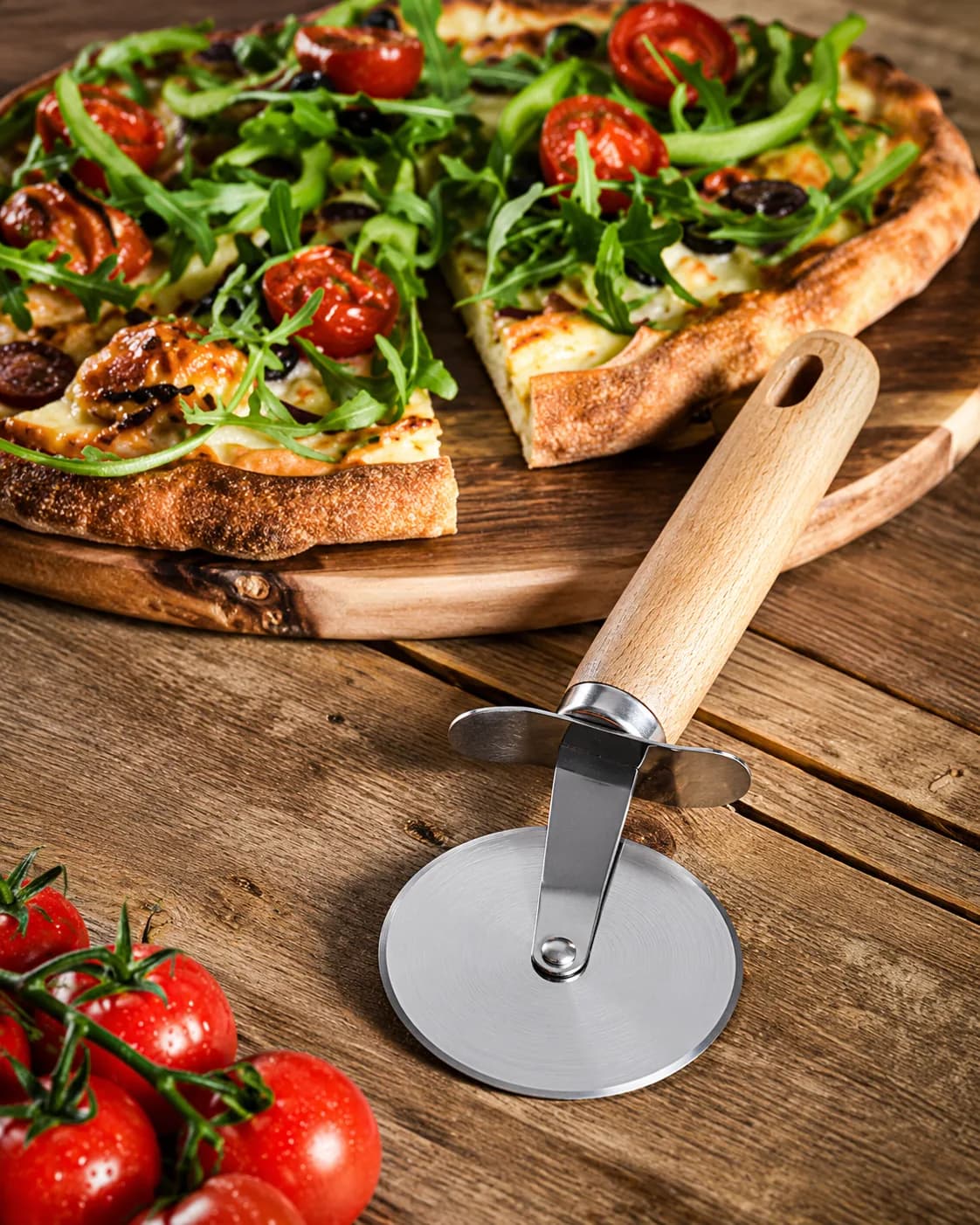 Stainless Steel Pizza Cutter with Wooden Handle