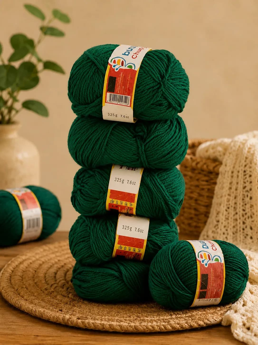 Premium Soft Cotton Knitting Yarn – Dark Green (5PCS Pack)