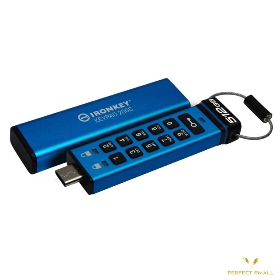 Kingston IronKey Keypad 200C 512GB | Hardware-Encrypted USB 3.2 Flash Drive | USB-C | Blue