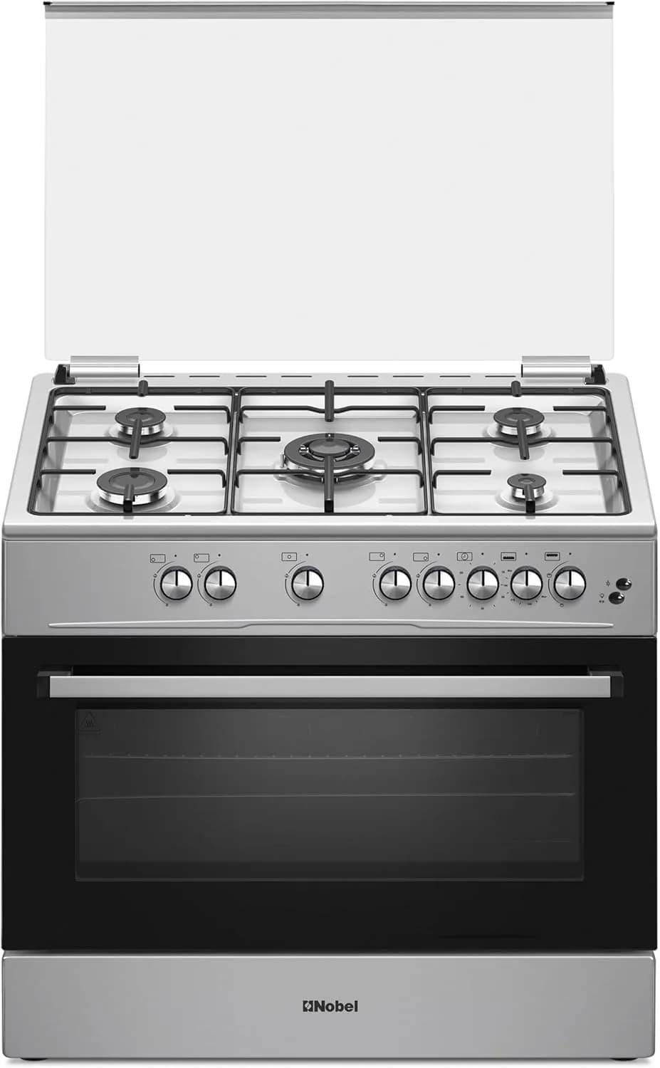 Nobel 90 x 60 5-Burner Gas Cooker with Gas Oven, Grill Function, Self-Cleaning, Thermostat, Glass Top Lid, Auto Ignition, and Cast Iron Pan Supports NGC9699I Black