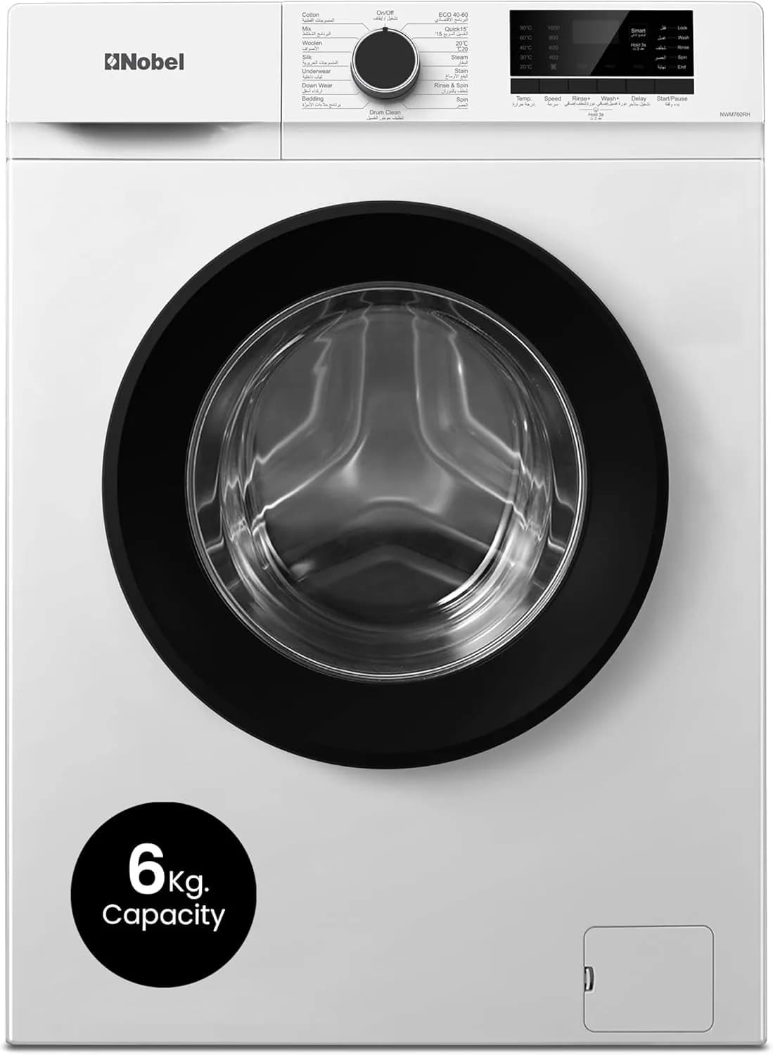 Nobel 6 Kgs Front Fully Load Automatic Washer, Knob And Button Control, LED Display, 15 Nos. of Programs, Universal Motor, Stainless Steel Drum Type, Over flow Safety, 60 x 46.5 x 84 cm NWM760RH White
