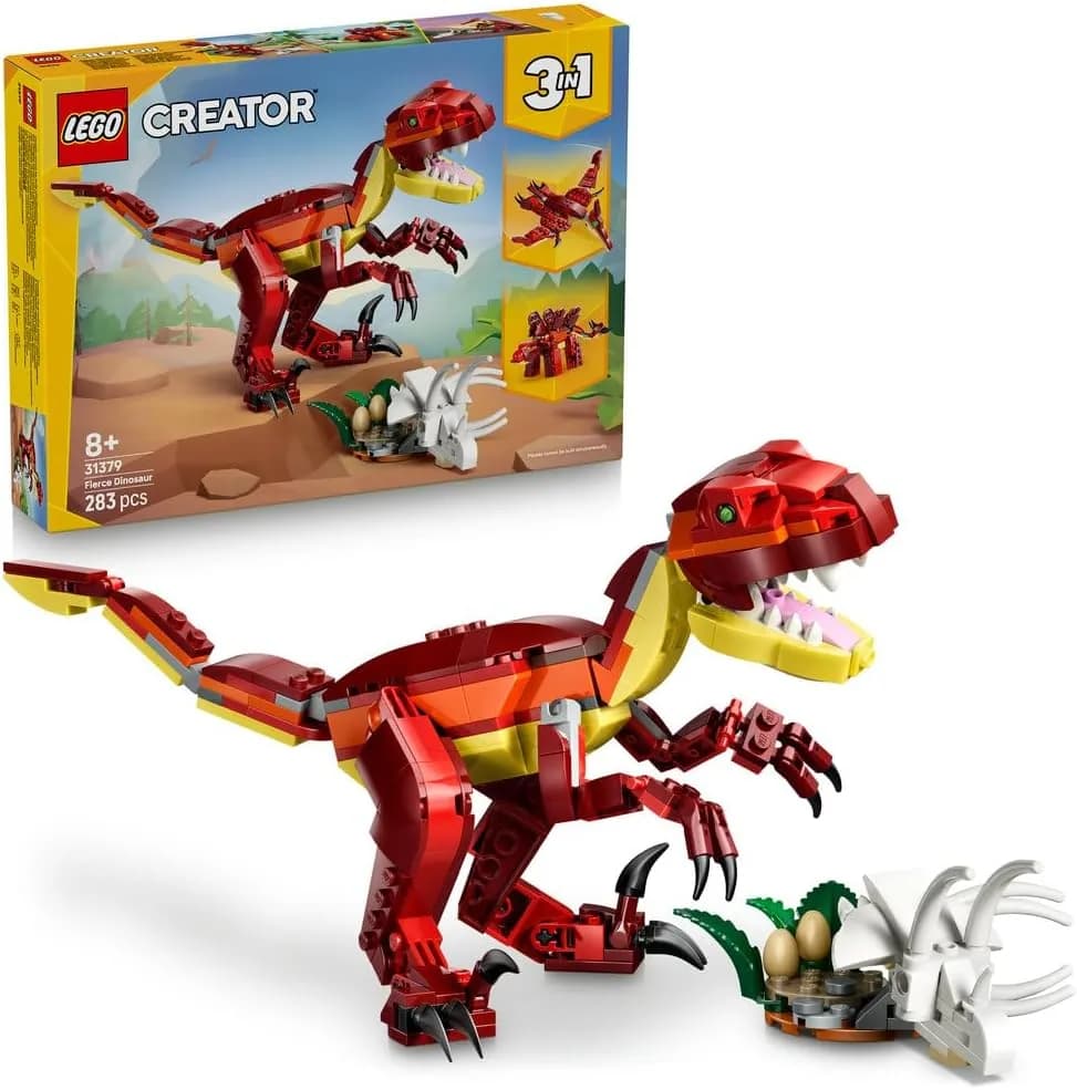 LEGO Creator 3in1 Fierce Dinosaur Toy - Build Velociraptor, Stegosaurus or Pterosaur Dino Figures w/Skeleton & Sharp Teeth Elements - Cool Birthday Gift Idea for 8+ Year Old Boys & Girls - 31379