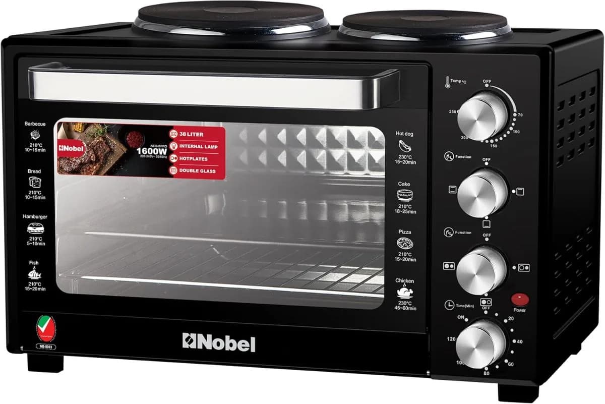 Nobel 38L Oven with 2 Hotplates, Adjustable Temperature Control (70-250°C), 120-Minute Timer, Double Glass Door NEO45PRO