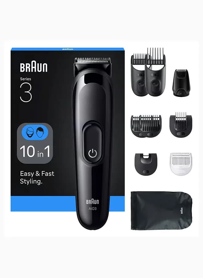 3 % Series 3 All-in-One Grooming Kit, 10-in-1 Beard, Body & Hair Trimmer with 14 Length Settings, Easy & Fast Styling - AIO 3560 Black 13 x 6.1 x 25.2cm