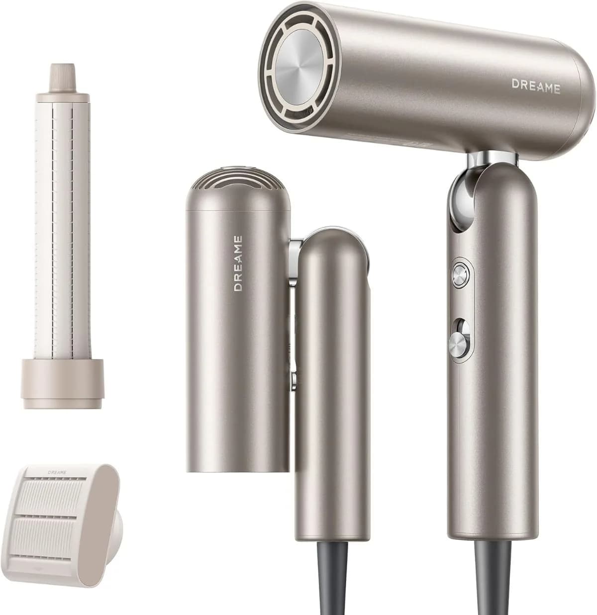 Dreame Pocket High Speed Hair Dryer, 3 Folding Shapes, Lightweight 300g, 110,000 RPM, 40s Fast Drying, 300 Million Negative Ions, 1 Curling Barrel, Unfrizz Nozzle, Travel Pouch, Gold, 2 Year Warranty