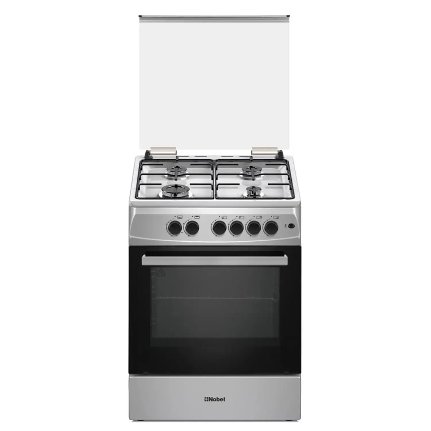 Nobel 60 x 60 Gas Cooker, 4 Gas Burners, Gas Oven And Grill, Inox Top Plate & Control Panel, 6 Knob, Manual Button Ignition, Glass Top Lid With L Profile, Made In Turkey NGC6611 Silver
