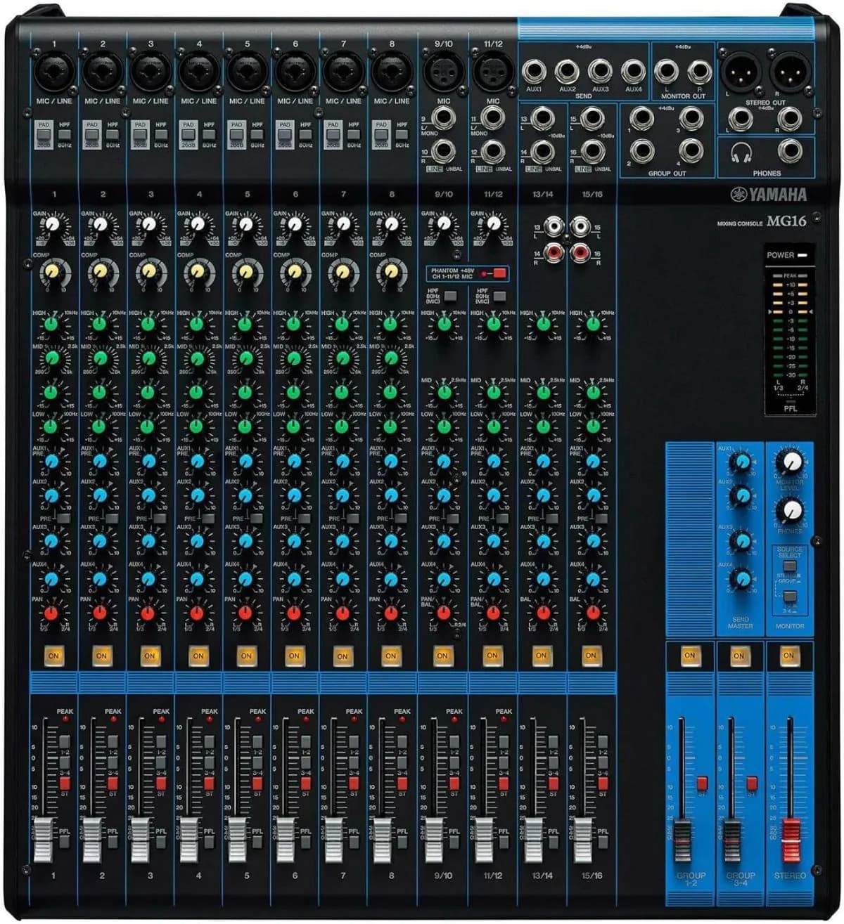Yamaha MG16 Mixer - Compact mixer with 16 input channels, 4 group buses, 4 AUX, rack mount kit and D-PRE mic preamps