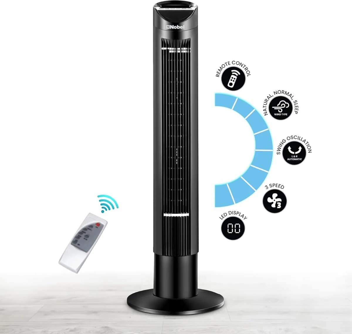 Nobel Tower Fan 3-Speed, Automatic Oscillation, 15-Hour Timer, Ionizer, LED Display NTF300R Black