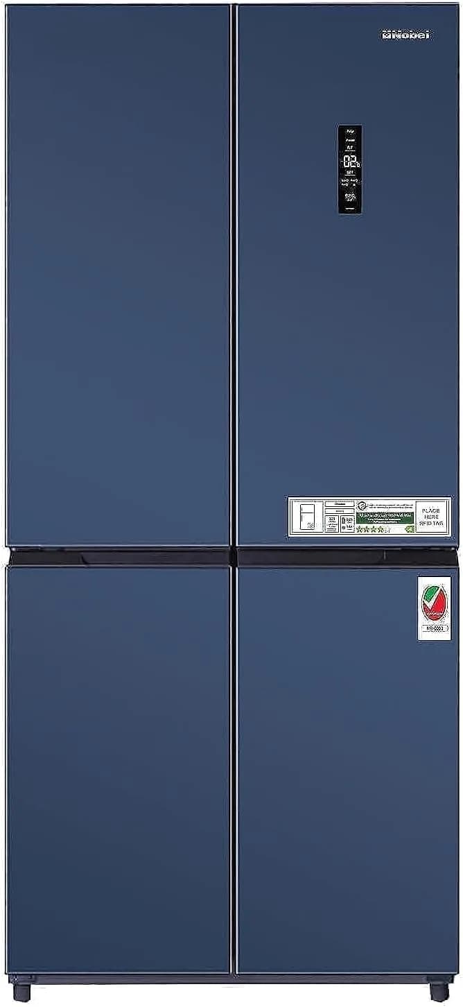 Nobel 600 Gross Ltr French Four Door Bottom Freezer Refrigerator, No Frost, Inverter, Tropical Cooling, Digital Display, R600a, 4 Star Esma, 83 x 65 x185.5 cm Blue NR640