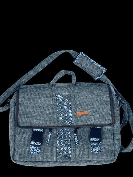 Messenger Crossbody Limbag - Soft Briefcase and Laptop Bag - Shuttle Grey with Hippie Blue African Print by Aflimba