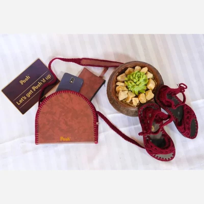 Dark Pink Leather and Thread Handbag by Posh Creative