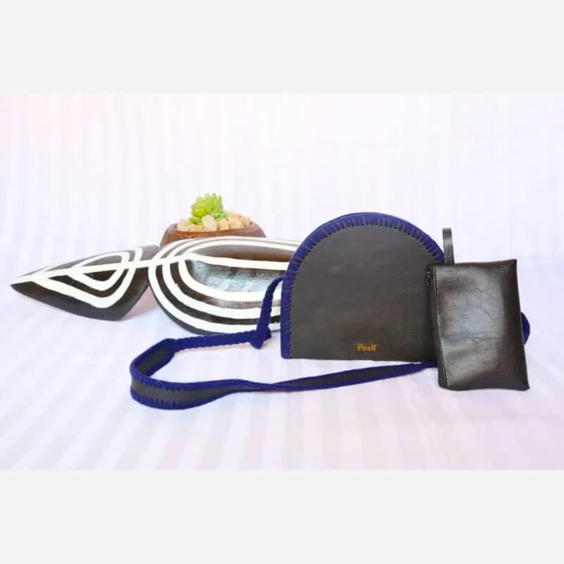 Blue Leather and Thread Handbag by Posh Creative