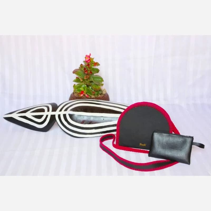 Red & Black Leather and Thread Handbag by Posh Creative