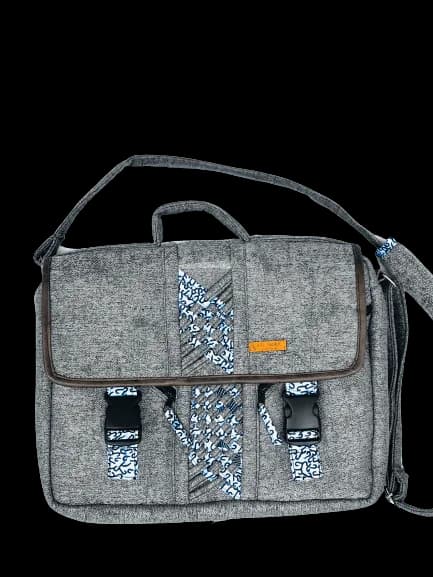 Diplomat Limbag - Soft Briefcase and Laptop Bag - Grey with a Hippie Blue and White African Print by Aflimba