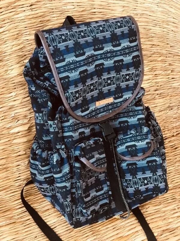 Sack Limbag- Soft women Backpack- with black and blue boat shapes Print By Aflimba