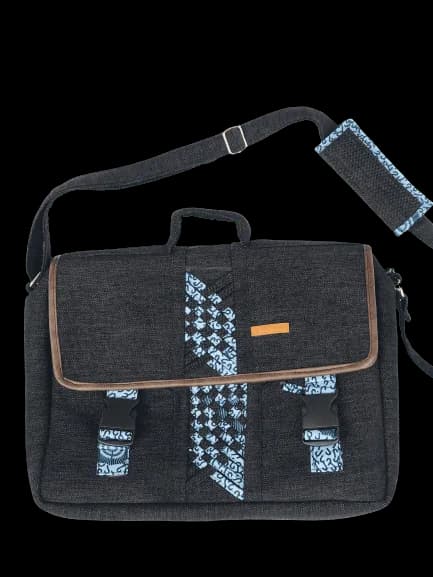 Messenger Crossbody Limbag - Soft Briefcase and Laptop Bag - Dark Grey color with Hippie Blue African Print by Aflimba