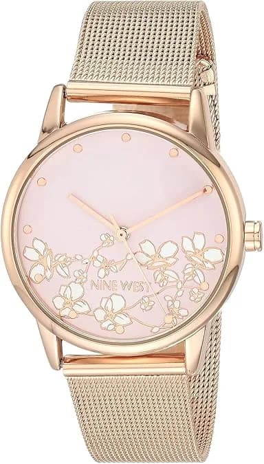 Nine West Womens Floral Dial Mesh Bracelet Watch