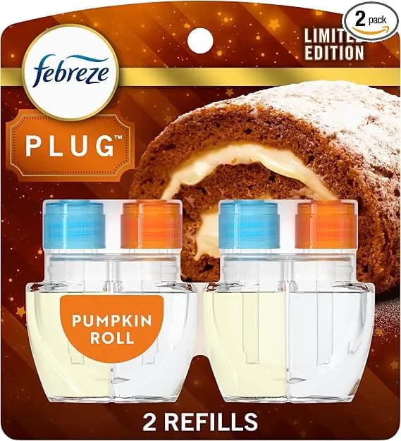Febreze Plug In Air Freshener, Odor-Fighting Scented Oil Refill, Air Fresheners For Home And Bathroom And Kitchen, Long Lasting For Strong Odors, Pumpkin Roll Scent, 0.87oz Refills, 2 Count
