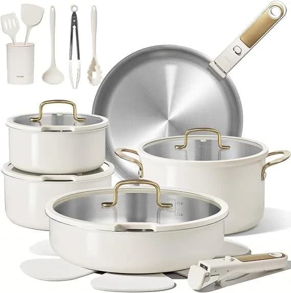 CAROTE 21pcs Tri-Ply Stainless Steel Cookware Set With Detachable Handle